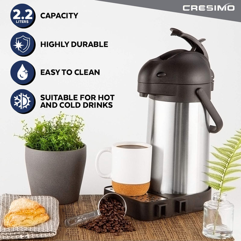 Cresimo 74 Ounce (2.2 Liter) Airpot Thermal Coffee Carafe/Lever Action/Stainless Steel Insulated Thermos / 12 Hour Heat Retention / 24 Hour Cold Retention (Airpot with Drip Tray) 2.2L with Drip Tray - NewNest Australia