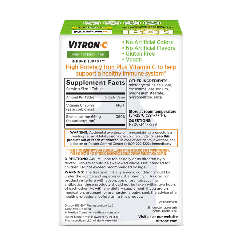 Vitron-C High Potency Iron Supplement, Immune Support, 125mg Vitamin C, 60 Count Immunity - NewNest Australia