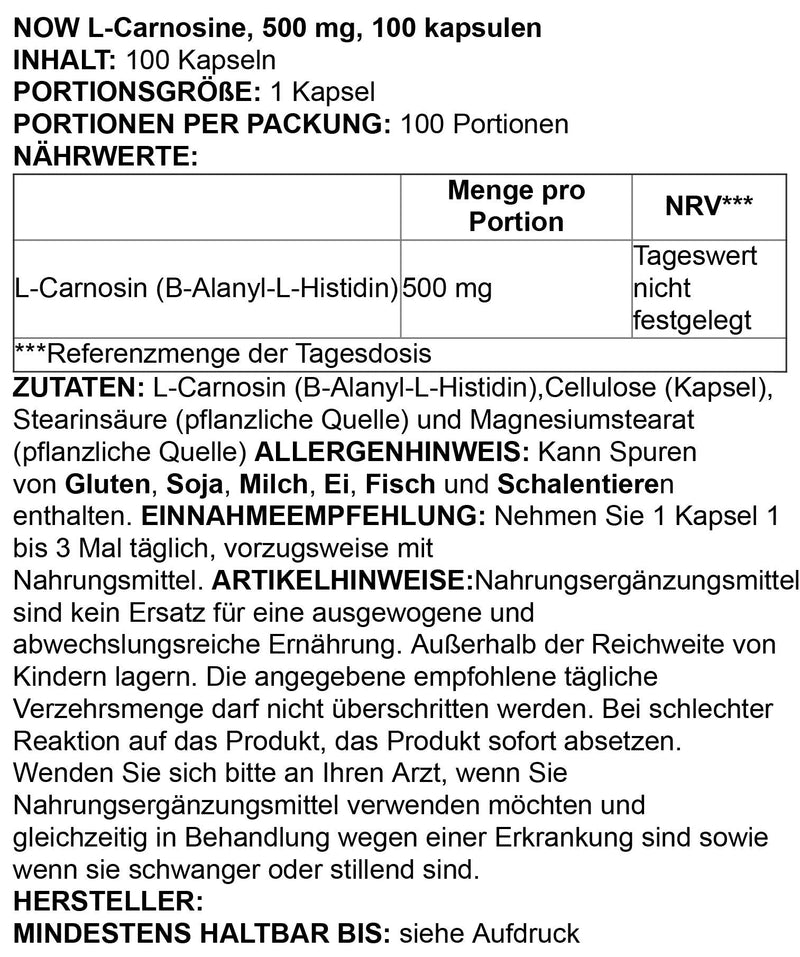 NOW Supplements, L-Carnosine (Beta-Alanyl-L-Histidine) 500 mg, Healthy Aging, 100 Veg Capsules - NewNest Australia