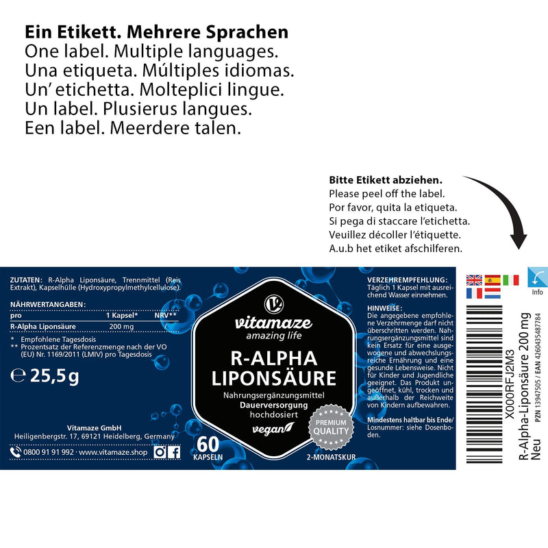 High-dose R-alpha lipoic acid, 200 mg per capsule, vegan, 2-month treatment, natural form of thioctic acid, quality product, bioactive dietary supplement without unnecessary additives, Made in Germany - NewNest Australia