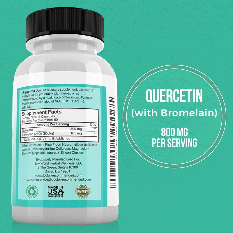 Quercetin 800mg w/Bromelain 165mg Per Serving- 120 Veggie Capsules-Full 60 Day Supply, Vitamin Supplement to Support Cardiovascular Health & Bioflavonoids for Cellular Function, Gluten Free, Non-GMO 120 Count (Pack of 1) - NewNest Australia
