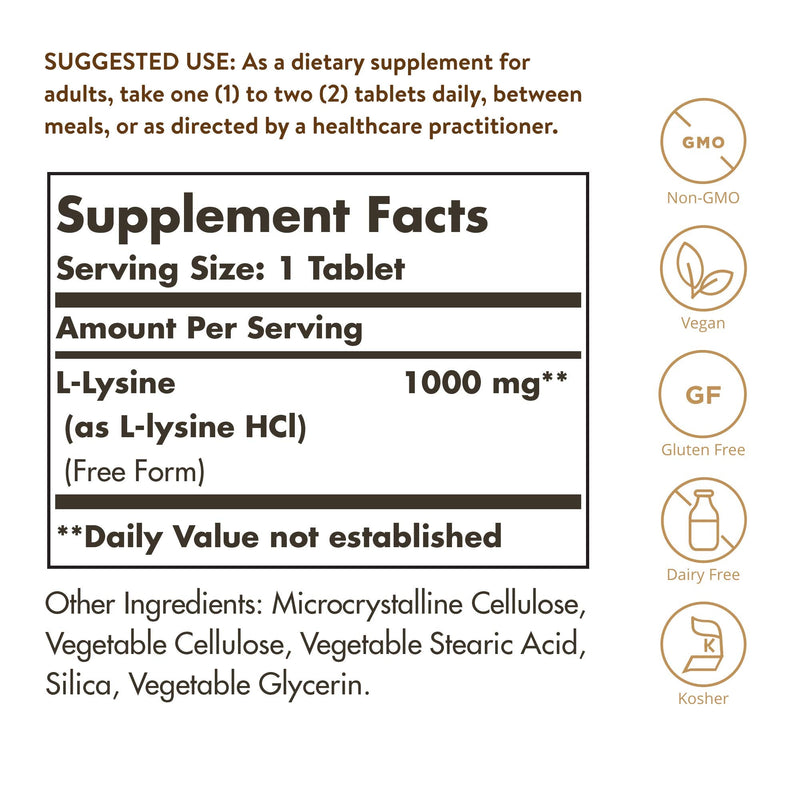 Solgar L-Lysine 1000 mg, 100 Tablets - Enhanced Absorption and Assimilation - Promotes Integrity of Skin and Lips - Collagen Support - Amino Acids - Non GMO, Vegan, Gluten Free - 100 Servings 100 Count (Pack of 1) - NewNest Australia