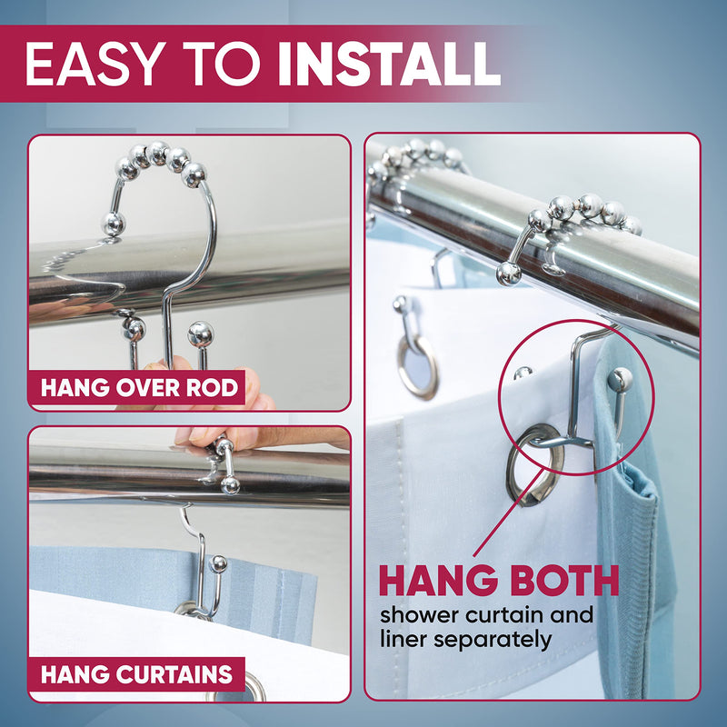 Double Shower Curtain Hooks Rust Proof (Set of 12) - Stainless Steel Nickel Shower Curtain Rings with Roller Balls for Easy Glide, Easy Install Double Shower Hooks for Shower Curtain (Polished Nickel) Dual Anchor Hooks - NewNest Australia