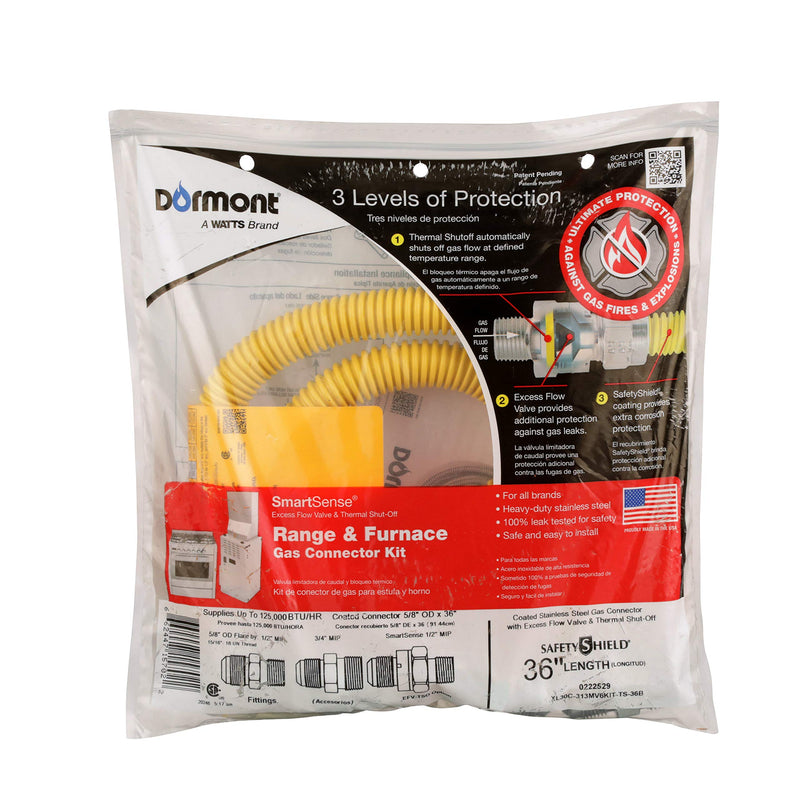 Dormont SmartSense Gas Appliance Connector Kit (0222526) 20C-2131V4KIT-TS-60B - 1/2 In. OD (3/8 In. ID) 3/8 In. MIP X 1/2 In. MIP X 1/2 In. MIP EFV-TS X 60 In. Length Yellow Coated 36 Inch - NewNest Australia