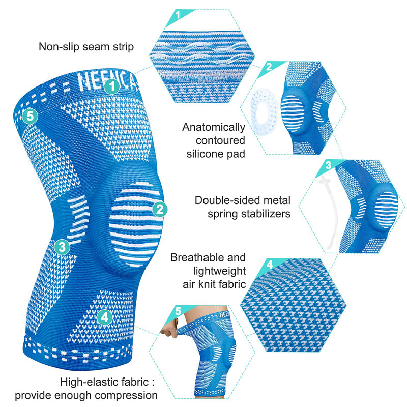 NEENCA Knee Brace,Knee Compression Sleeve Support with Patella Gel Pad & Side Spring Stabilizers,Medical Grade Knee Protector for Running,Meniscus Tear,Arthritis,Joint Pain Relief,ACL,Injury Recovery L F Gem Blue - NewNest Australia