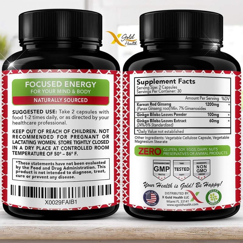 Korean Red Panax Ginseng 1200mg + Ginkgo Biloba - Extra Strength Root Extract Powder Supplement w/High Ginsenosides Vegan Capsules for Energy, Performance & Focus Pills for Men & Women 60 Count (Pack of 1) - NewNest Australia