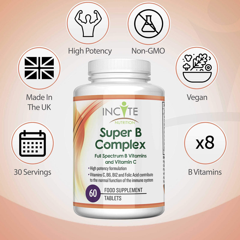 Vitamin B Complex High Strength | Super B Complex with B1, B2, B3, B5, B6, B12, Folic Acid, Vitamin C and Biotin | Suitable for Vegetarians and Vegans Plus GMO Free 60 Premium Easy Swallow Tablets - NewNest Australia