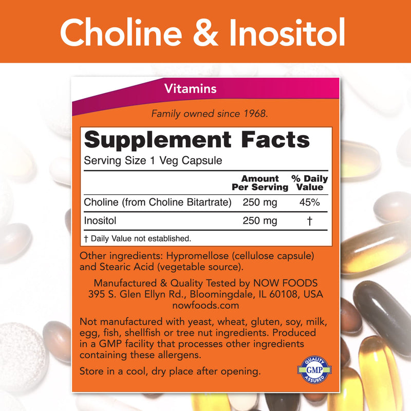 NOW Supplements, Choline & Inositol 500 mg, Healthy Nerve Transmission*, Nervous System Health*, 100 Capsules - NewNest Australia