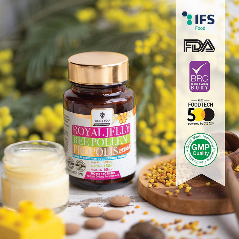 Bee&You Royal Jelly Bee Pollen Propolis with 500 mg 60 tablets (Propolis Capsules - Chewable Tablets - Propolis Extract - No Additives - Fair Trade - Natural & Controlled Ingredients) - NewNest Australia