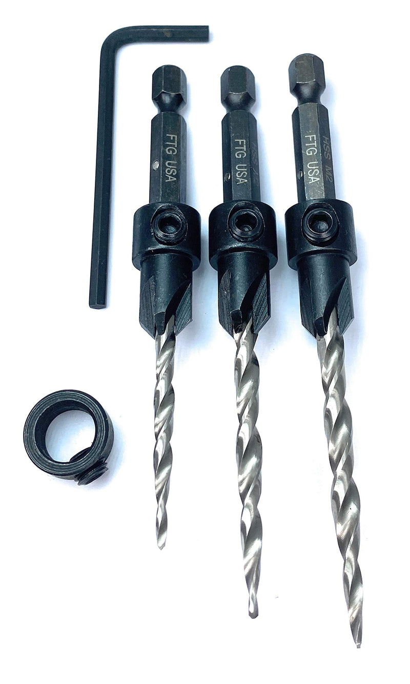 FTG USA Maximum Torque #6(9/64") #8(11/64") #10(3/16") Depth Adjustable Wood Countersink Drill Bit Set with Woodworking Tapered HSS Bits Secured with Pin - 1 Depth Stop Collar 3/8", and 1 Hex Wrench (1/8" Allen Key) - NewNest Australia