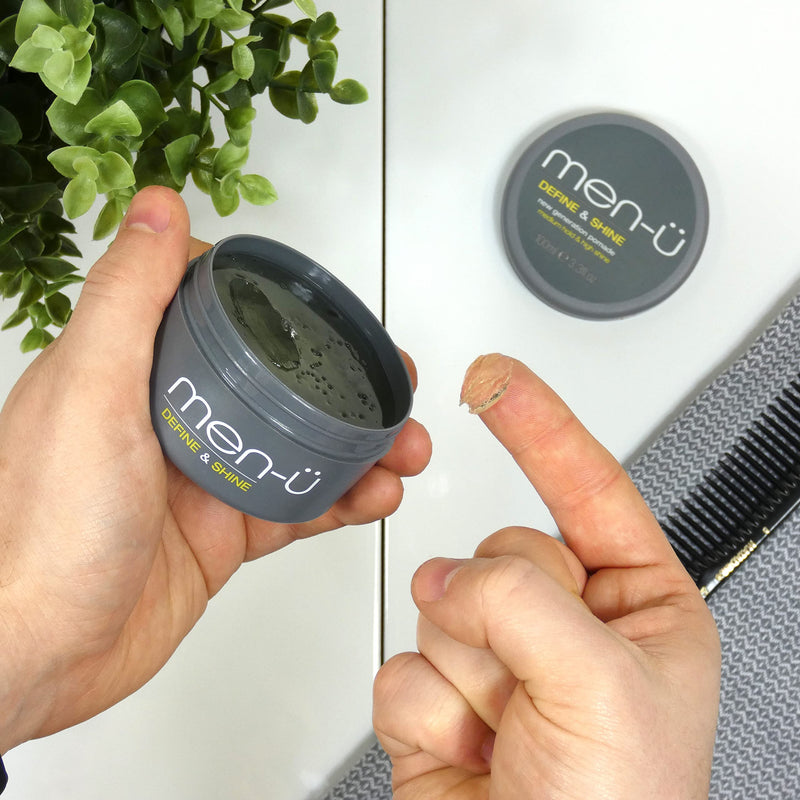 men-u pomade for men DEFINE & SHINE 100ml – Hair pomade w/ medium hold and high shine. Helps tone down grey hair & washes out easily - Mens hair products by men-u, Single walled 100ml styling puck. - NewNest Australia