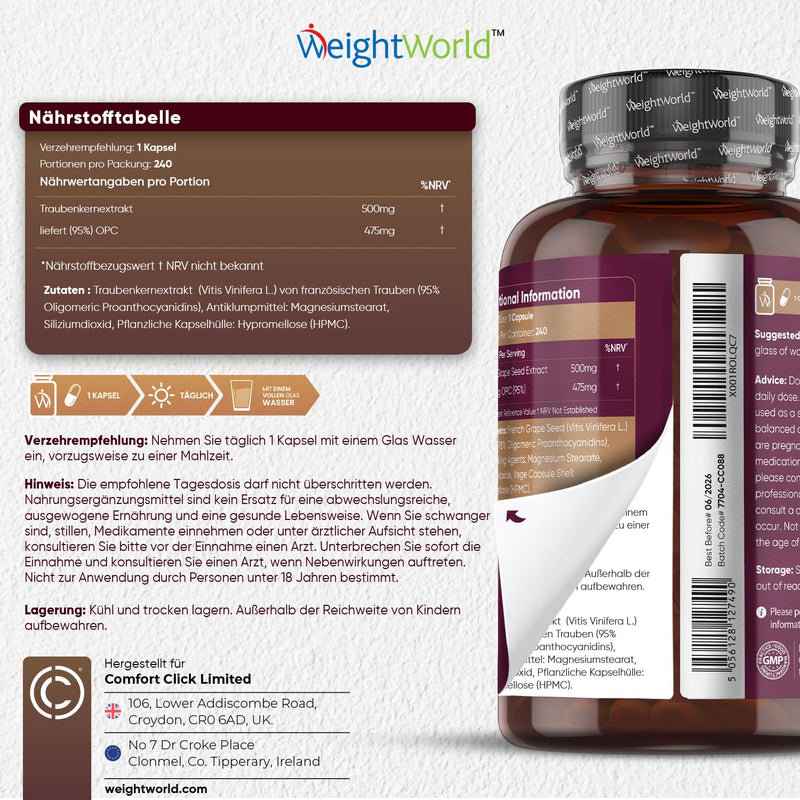OPC grape seed extract capsules - 240 pieces for 8 months supply - 95% pure OPC (Oligomeric Proanthocyanidins) - 500mg grape seed extract per vegan capsule from French grapes - WeightWorld OPC capsules - NewNest Australia