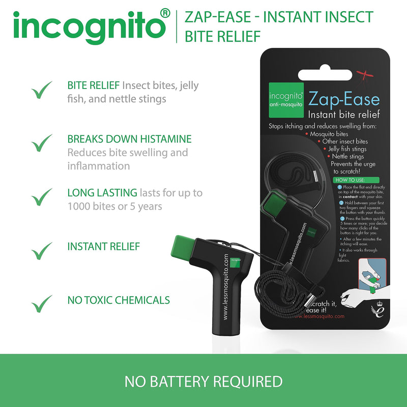 INCOGNITO Zap Ease Electronic Insect Sting & Bite Relief for Up to 1,000 Bites - Works on Mosquito, Bug & Biting Insects - That Can Be Used at Home & for Travels, Black, 25 g - NewNest Australia