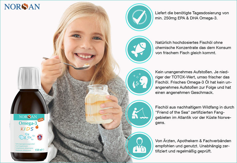 NORSAN Omega 3 KIDS fish oil high dosage 150 ml/Omega 3, 1,120 mg per serving/Omega 3 with EPA & DHA/daily dose 1 tsp premium oil/Easy Fish Oil for children 150 ml (pack of 1) - NewNest Australia
