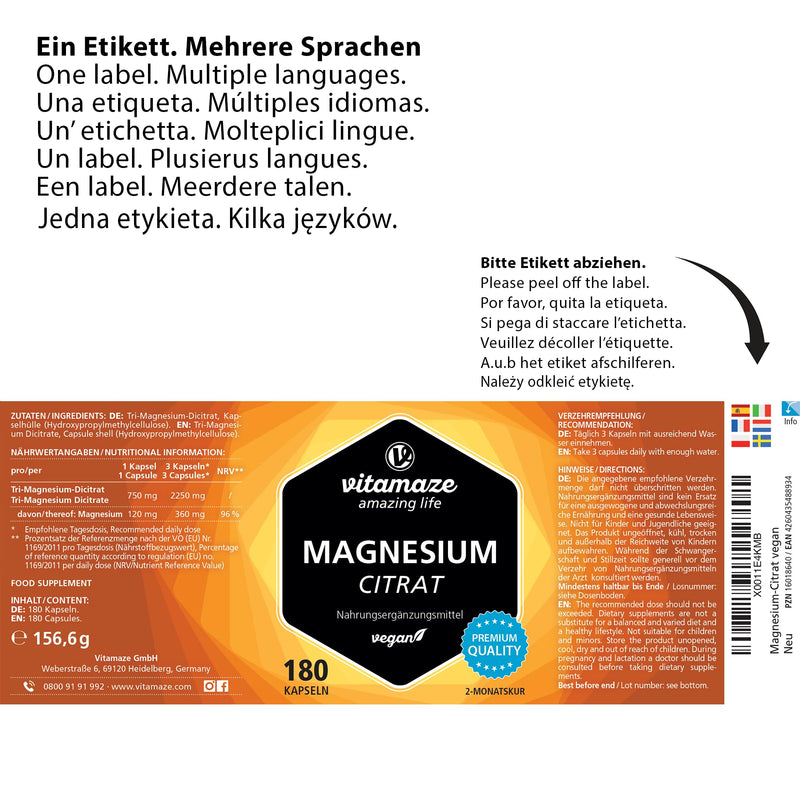 Magnesium citrate capsules, high-dose & vegan, 2250 mg of which 360 mg of elemental magnesium per daily dose, 180 capsules for 2 months, natural supplement without additives, Made in Germany - NewNest Australia