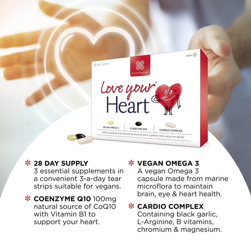 Healthspan Love Your Heart Multivitamin | 28 Day Supply | Support a Healthy Heart & Normal Red Blood Cell Formulation | Vegan Omega 3 | Cardio Complex | Coenzyme Q10 | Vegan - NewNest Australia