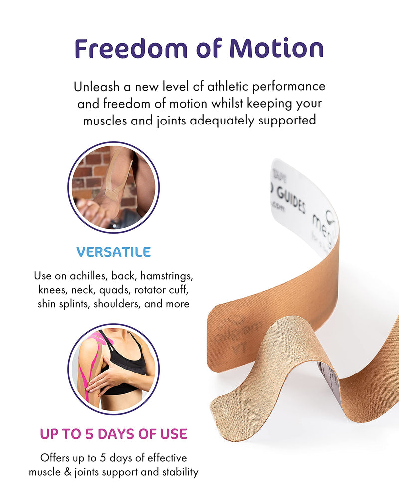 Meglio Kinesiology Tape - Uncut 5 Metre Roll - Therapeutic and Hypoallergenic - For Muscle Support & Sports Injury Recovery - Breathable & Waterproof - Knee, Ankle, & Wrist - Long Lasting Adhesive Beige - NewNest Australia