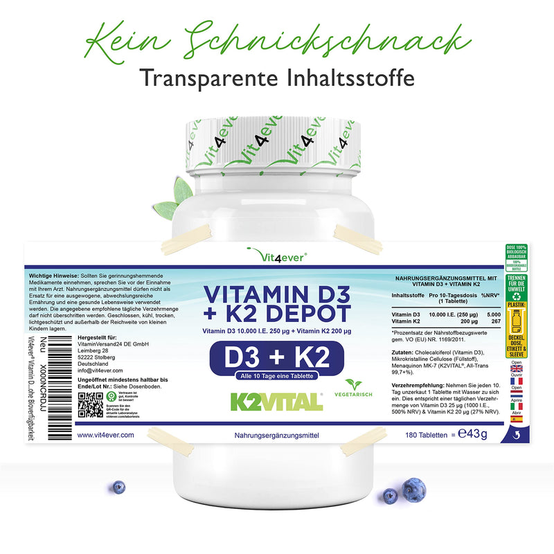 Vitamin D3 10,000 IU + Vitamin K2 200 mcg Menaquinone MK7 Depot - 180 tablets - 99.7+% All-Trans (K2VITAL® from Kappa) - Laboratory tested - Vegetarian - High dosage - Premium quality 180 pieces (pack of 1) - NewNest Australia