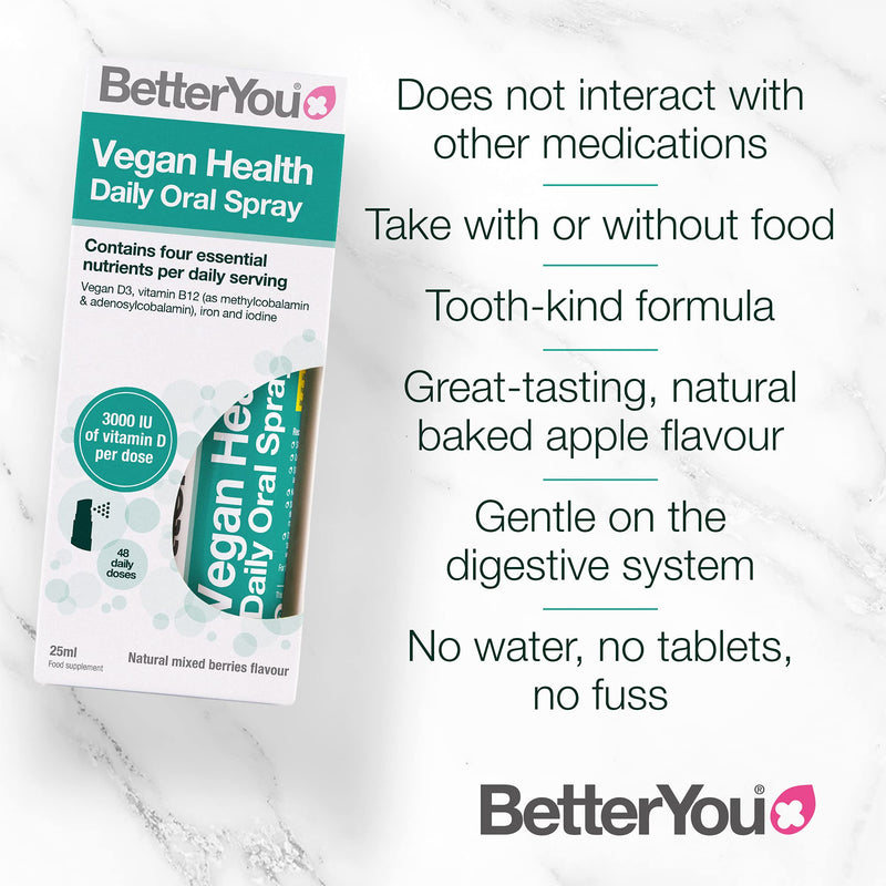 Better You Vegan Health Daily Oral Spray |3000 IU (75UG) of Vitamin D | Contains Vitamin D, Vitamin B12, Iron and Iodine | 25ml | Natural Mixed Berries Flavour - NewNest Australia