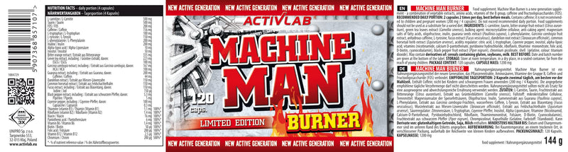 Activlab Machine Man Burner 120 Caps, Fat Burner, No Yo-Yo Effect, B Vitamins, Caffeine, Muscle Protection, Fat Reduction, Fos, Highly Thermogenic, Anti-Catabolic, Metabolism, Reduces Appetite, L-Carnitine - NewNest Australia