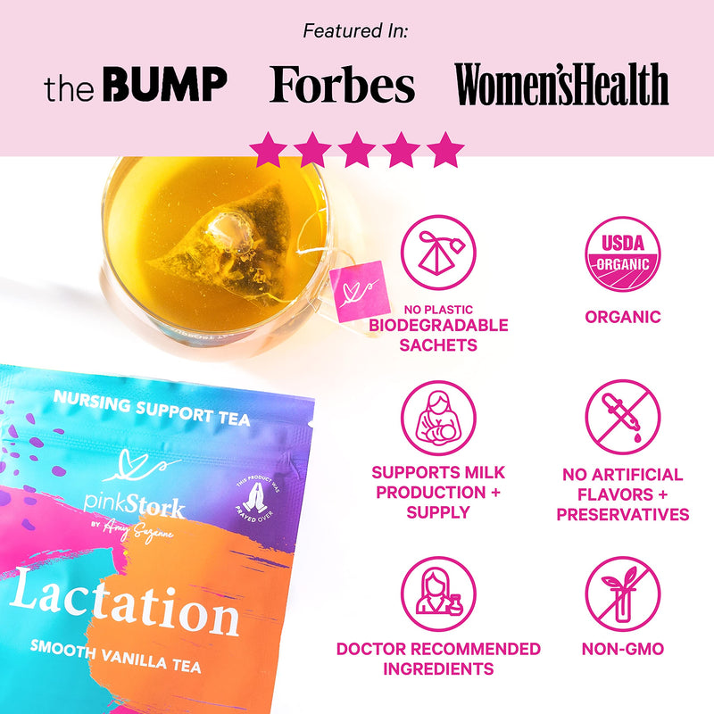 Pink Stork Lactation Tea: Smooth Vanilla Nursing Support, 100% Organic, Supports Breastfeeding + Breast Milk Supply with Fenugreek, Women-Owned, 30 Cups 15 Count (Pack of 1) - NewNest Australia