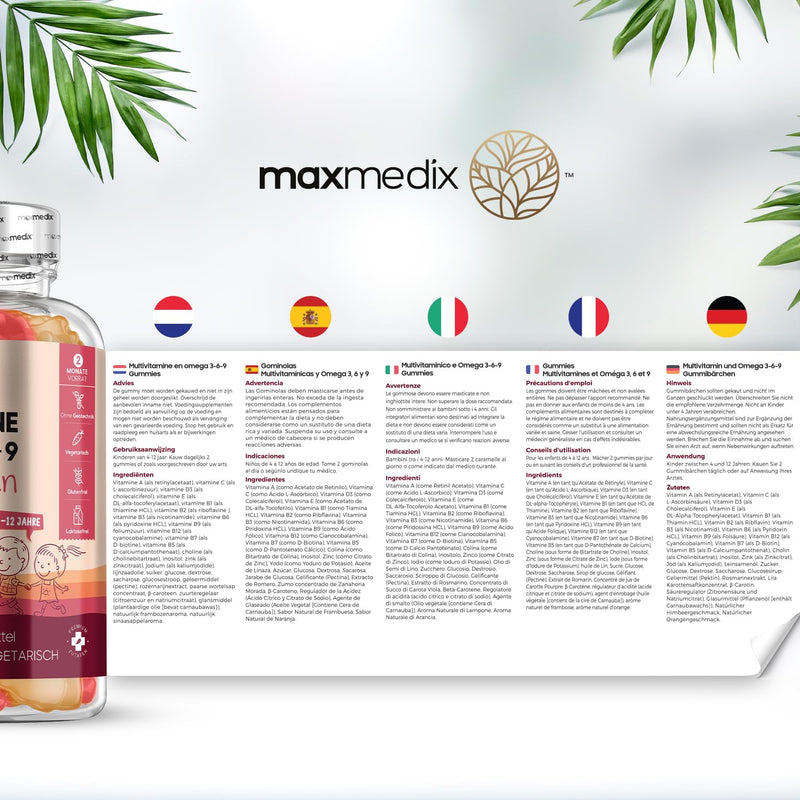 Maxmedix Multivitamin Gummy Bears For Children - With Omega 3, 6, 9, Iodine & Zinc - 120 Vitamin Gummies - Vitamin C, D3, B - Vegetarian & Tested Ingredients - No Gelatin & Additives - NewNest Australia