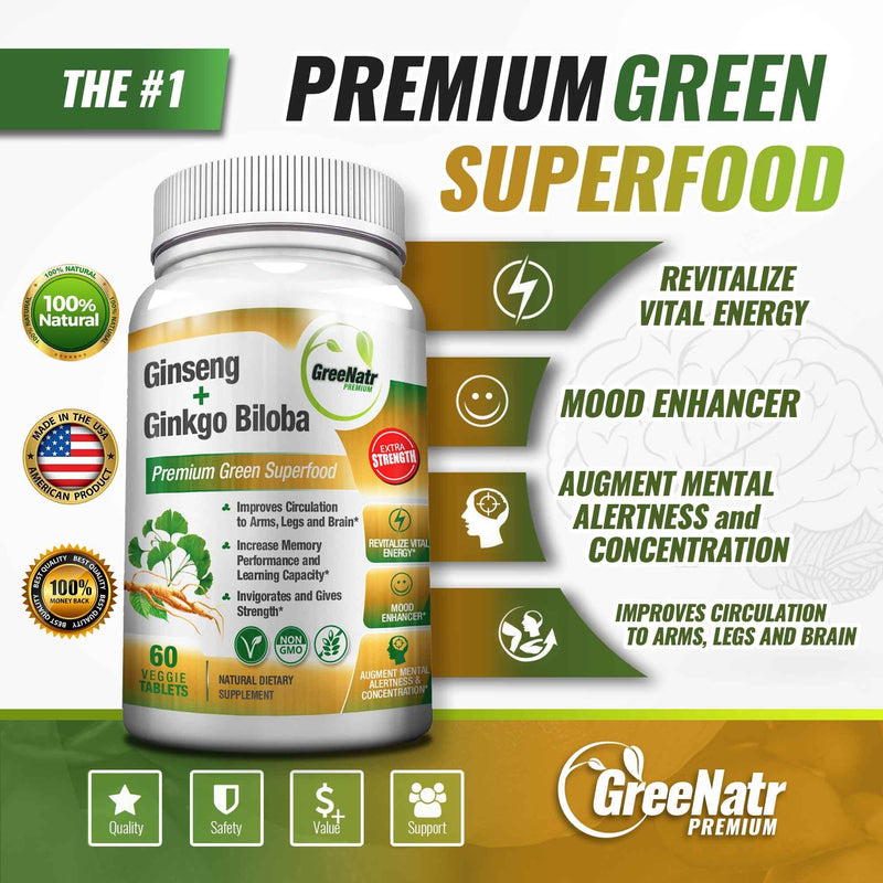Panax Ginseng + Ginkgo Biloba Tablets - Premium Non-GMO/Veggie Superfood - Traditional Energy Booster and Brain Sharpener - Unique Twin Supplement Combines Ginseng and Ginkgo Biloba 60 Veggie Tablets 60 Count (Pack of 1) - NewNest Australia