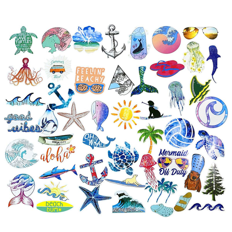Beach Stickers 50pcs, Blue Surfing Waves Fresh Lively Turtle Laptop Water Bottle Decals Cartoon Vitality Aesthetic Sticker Pack for Teen Girl (Beach Surfing) - NewNest Australia