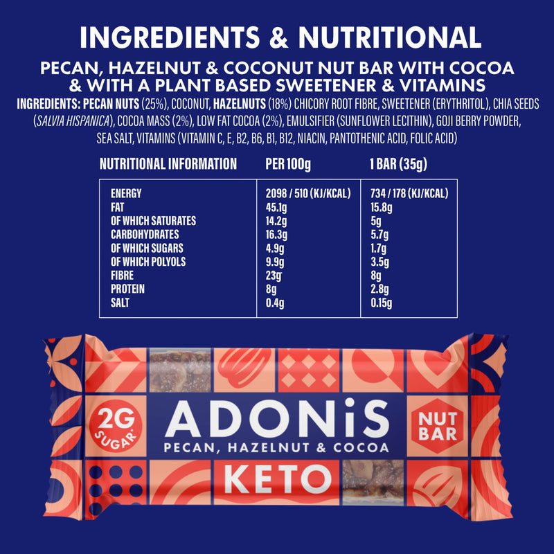 Adonis Keto Bars Mixed Box | Flavours of Nut Bars | Vegan & Keto-Friendly | 100% Natural | Low Sugar, Calorie & Carb for Weight Loss | Ideal for Breakfast (Pecan, Hazelnut & Cocoa) Pecan, Hazelnut & Cocoa - NewNest Australia