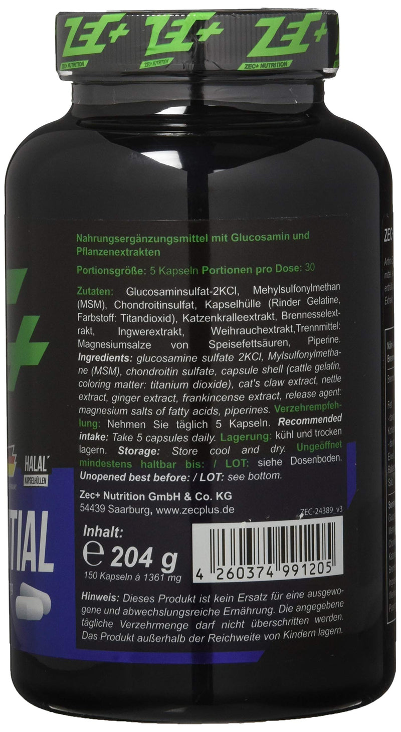 Zec+ Nutrition Arthro Essential - 150 Capsules With Glucosamine, Chondroitin, Msm & Frankincense Extract, Nutritional Supplement For Physical Stress Caused By Intensive Sports - NewNest Australia