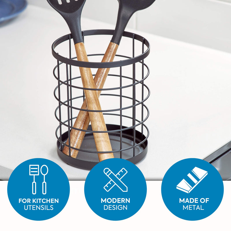 iDesign 51737 Kitchen Utensil Holder, Metal Wire Utensil Storage Basket, Practical Kitchen Utensil Organiser for Wooden Spoons, Spatulas and More, Matte Black, 15.2 x 15.2 x 17.8 cm - NewNest Australia