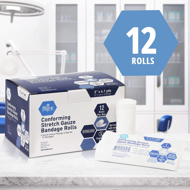 Medpride Conforming Stretch Gauze Bandages 12 Rolls 3'' x 4.1 Yards| Sterile Latex Free First Aid Pads | Wound Care Rolled Dressing Wrap | Medical Non-Adherent Mesh Bandages 3x147.6 Inch (Pack of 12) - NewNest Australia