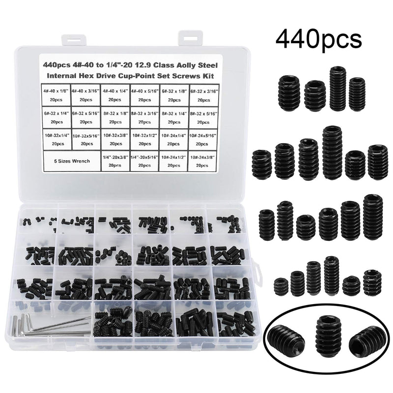 HanTof 440Pcs 22 Sizes,4#-40 to 1/4"-20 Standard SAE Allen Head Socket Hex Grub Screw Assortment Kit,Internal Hex Drive Cup-Point Set Screws Set with 5pcs Hex Wrenches,12.9 Class Alloy Steel-Black Black-440pcs SAE Set Screw - NewNest Australia