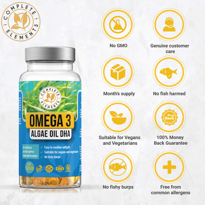 Vegan Omega 3 Algae Oil | 60 High Strength Capsules | 400mg DHA Supplement with Vitamin E | Vegetarian Essential Fatty Acids | Sustainable Algal Alternative to Fish Oil | UK Small Family Company - NewNest Australia