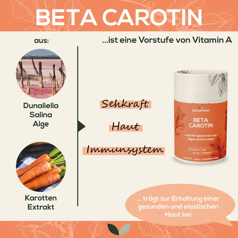 Beta carotene from algae 50,000 IU vitamin A per capsule | 120 capsules | High dosage | made from Dunaliella salina algae and carrot extract | good bioavailability and tolerability | Vegan - NewNest Australia