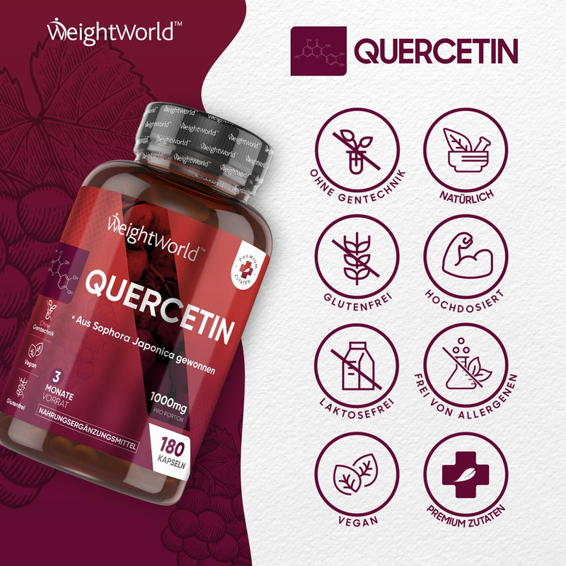 Quercetin 1000mg capsules - 180 vegan capsules for a 3 month supply - Pure quercetin powder from the Japanese string tree - Natural ingredients & made without magnesium stearate - WeightWorld - NewNest Australia