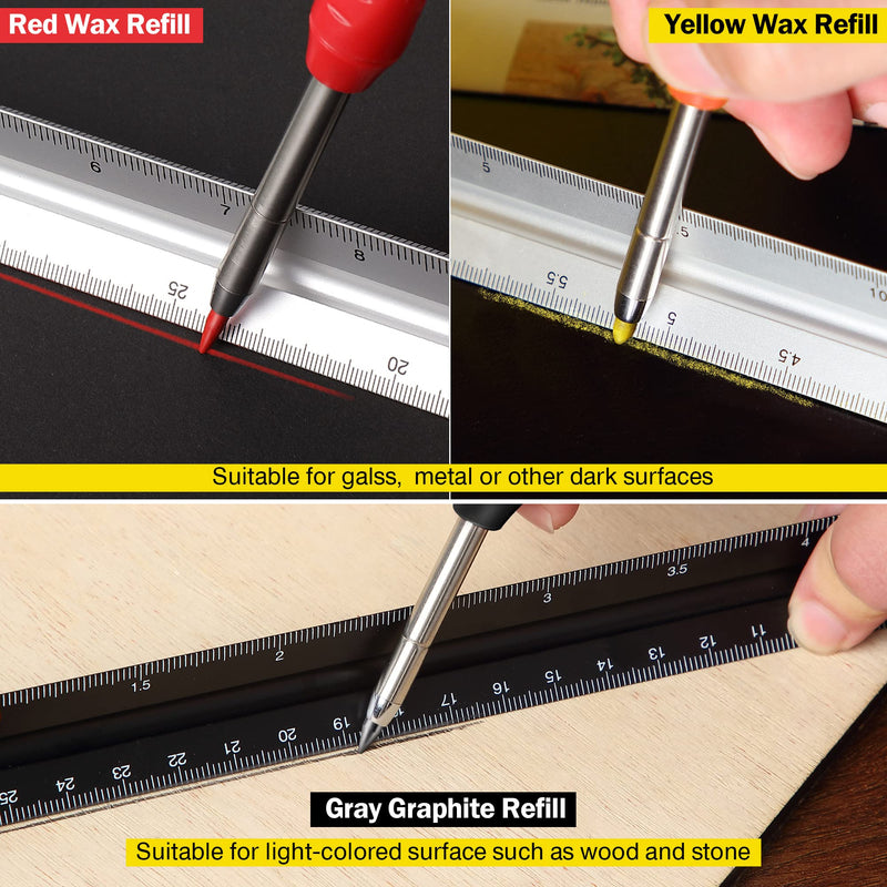Hiboom 3 Pieces Solid Carpenter Pencil with 21 Refill Red Yellow Gray, Long Nosed Deep Hole Mechanical Pencil Marker Marking Tool with Built in Sharpener for Carpenter (Orange, Red, Black Cover) - NewNest Australia