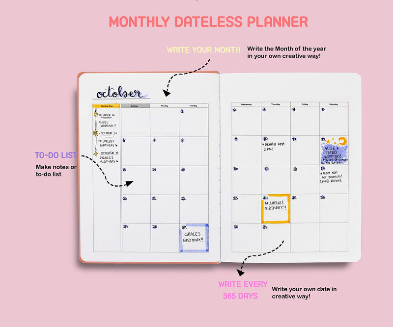 365 Dateless 2021-2022 Plannner - 120 GSM Paper - A5 Soft PU Leather Hardcover - 12 Months Tabs, 60 Weeks, Lined/Grid Notes - Journal/Notebook - (Pink) Pink - NewNest Australia