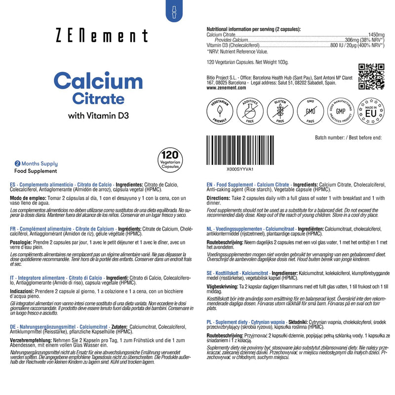 Calcium citrate, with vitamin D3, 120 capsules | To counteract low calcium levels in the blood | No additives, no allergens, GMO free | Zenement - NewNest Australia