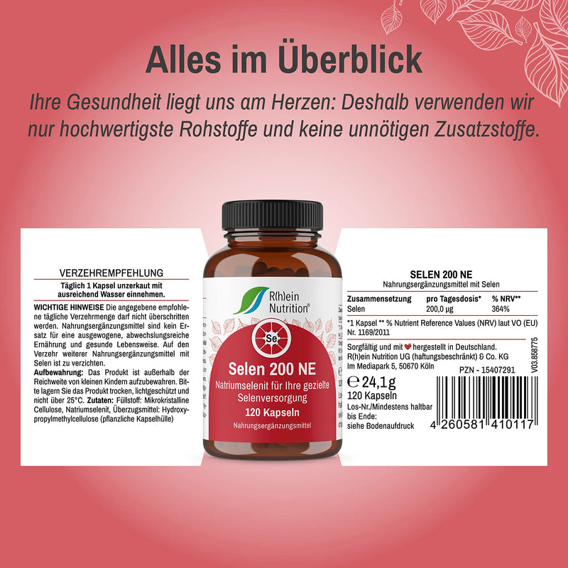 Selenium high dose - Selenium 200µg - 120 capsules 4 month supply - Selenium - Vegan Made in Germany without additives - Rhein Nutrition - NewNest Australia