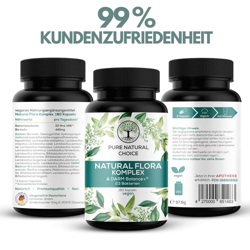 Pure Natural Choice - Natural Flora Complex: T√Úv Tested, 23 Bacterial Strains Probiotics With Intestinal Balance+, 20 Billion Cfu, Inulin - 180 Vegan, Enteric Juice Resistant Capsules, From Germany - NewNest Australia