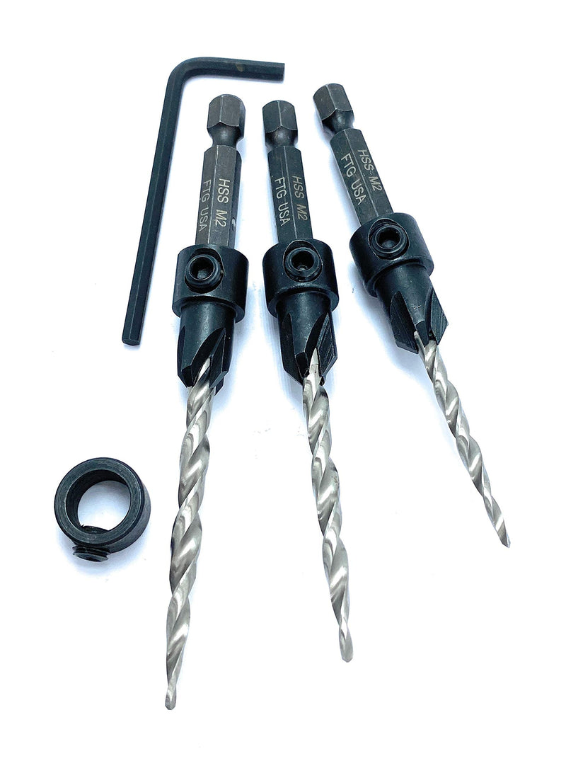 FTG USA Maximum Torque #6(9/64") #8(11/64") #10(3/16") Depth Adjustable Wood Countersink Drill Bit Set with Woodworking Tapered HSS Bits Secured with Pin - 1 Depth Stop Collar 3/8", and 1 Hex Wrench (1/8" Allen Key) - NewNest Australia