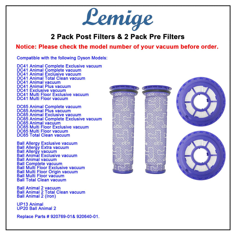 Lemige 2 Pack Post Filters & 2 Pack Pre Filters Replacement for Dyson DC65 DC66 DC41 UP13 UP20 Animal, Multi Floor and Ball Vacuums, Compare to Part #920769-01&920640-01 - NewNest Australia