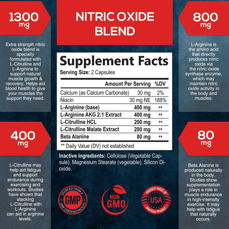 Extra Strength Nitric Oxide Supplement L Arginine 3X Strength - Citrulline Malate, AAKG, Beta Alanine - Premium Muscle Supporting Nitric Booster for Strength & Energy to Train Harder - 60 Capsules 60 Count (Pack of 1) - NewNest Australia