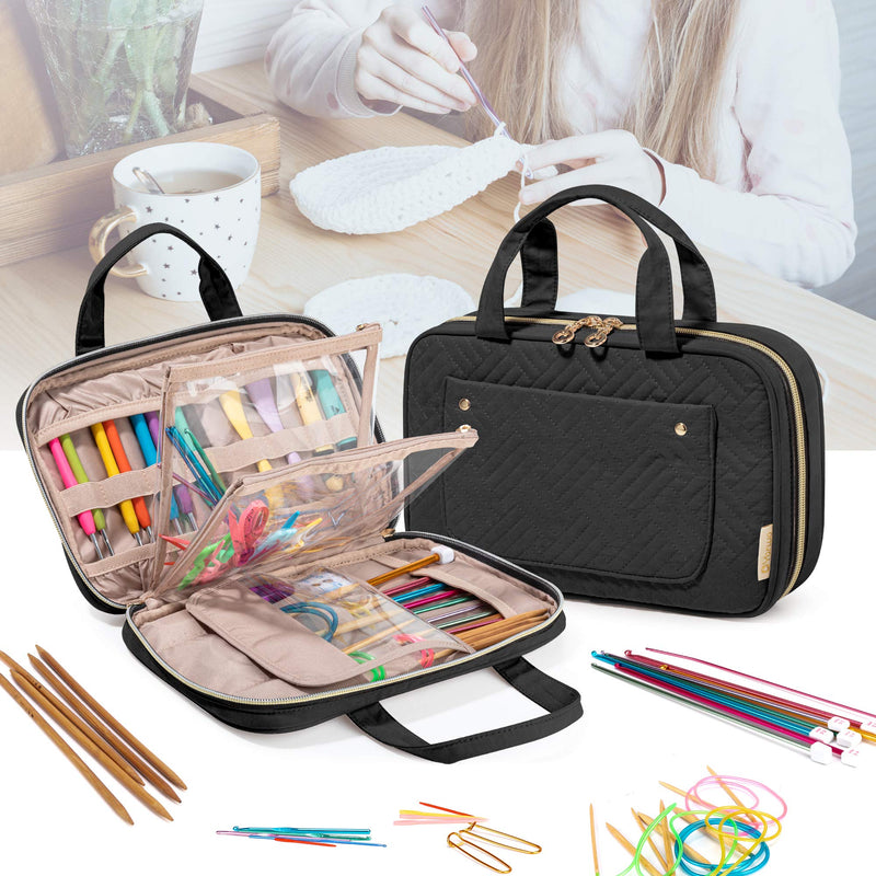 YARWO Knitting Needles Case (up to 10.6"), Crochet Hooks Organizer with Double Handle for Circular Knitting Needles and Knitting Accessories, Black (Bag Only) - NewNest Australia