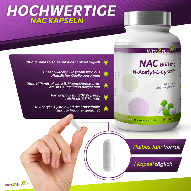 Vita2You NAC 800mg - 200 capsules - N-Acetyl L-Cysteine - without additives - high dosage - amino acid - premium quality - NewNest Australia