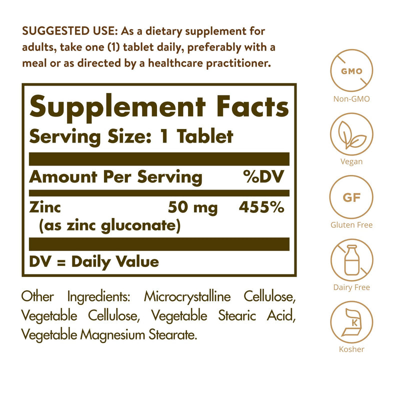Solgar Zinc 50 mg, 100 Tablets - Zinc for Healthy Skin, Taste & Vision - Immune System & Antioxidant Support - Supports Cell Growth & DNA Formation - Non GMO, Vegan, Gluten Free - 100 Servings 100 Count (Pack of 1) - NewNest Australia
