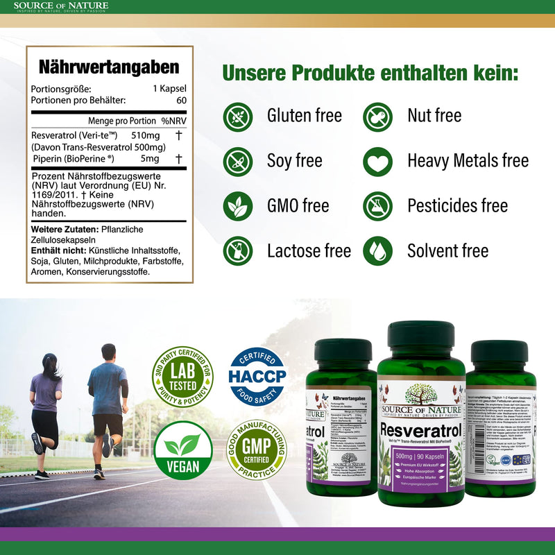 Source Of Nature Trans-Resveratrol 500 Mg, 90 Capsules, Supply For 3 Months, 98% Pure Active Ingredient Made In Europe, High Dosage, Vegan, Antioxidant Protection - NewNest Australia