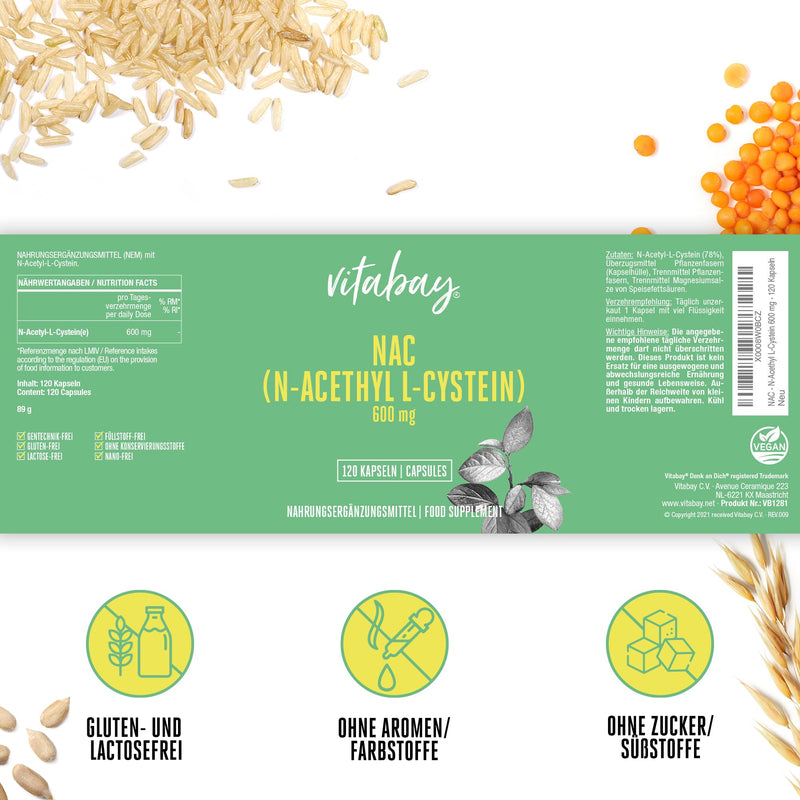 Vitabay NAC Capsules N Acetyl Cysteine 120 Capsules VEGAN & LAB TESTED - N-Acetyl Cysteine NAC 600 mg - N-Acetyl-l-Cysteine N-Acetylcysteine 600mg Acetylcysteine 600 mg NAC Supplement L Cysteine L-Cysteine 120 pieces (pack of 1) - NewNest Australia