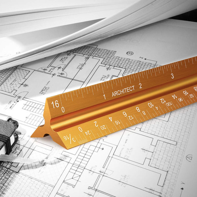 12" Architectural Scale Ruler Aluminum Architect Scale Triangular Scale Ruler for Architects, Draftsman, Students and Engineers, Golden - NewNest Australia
